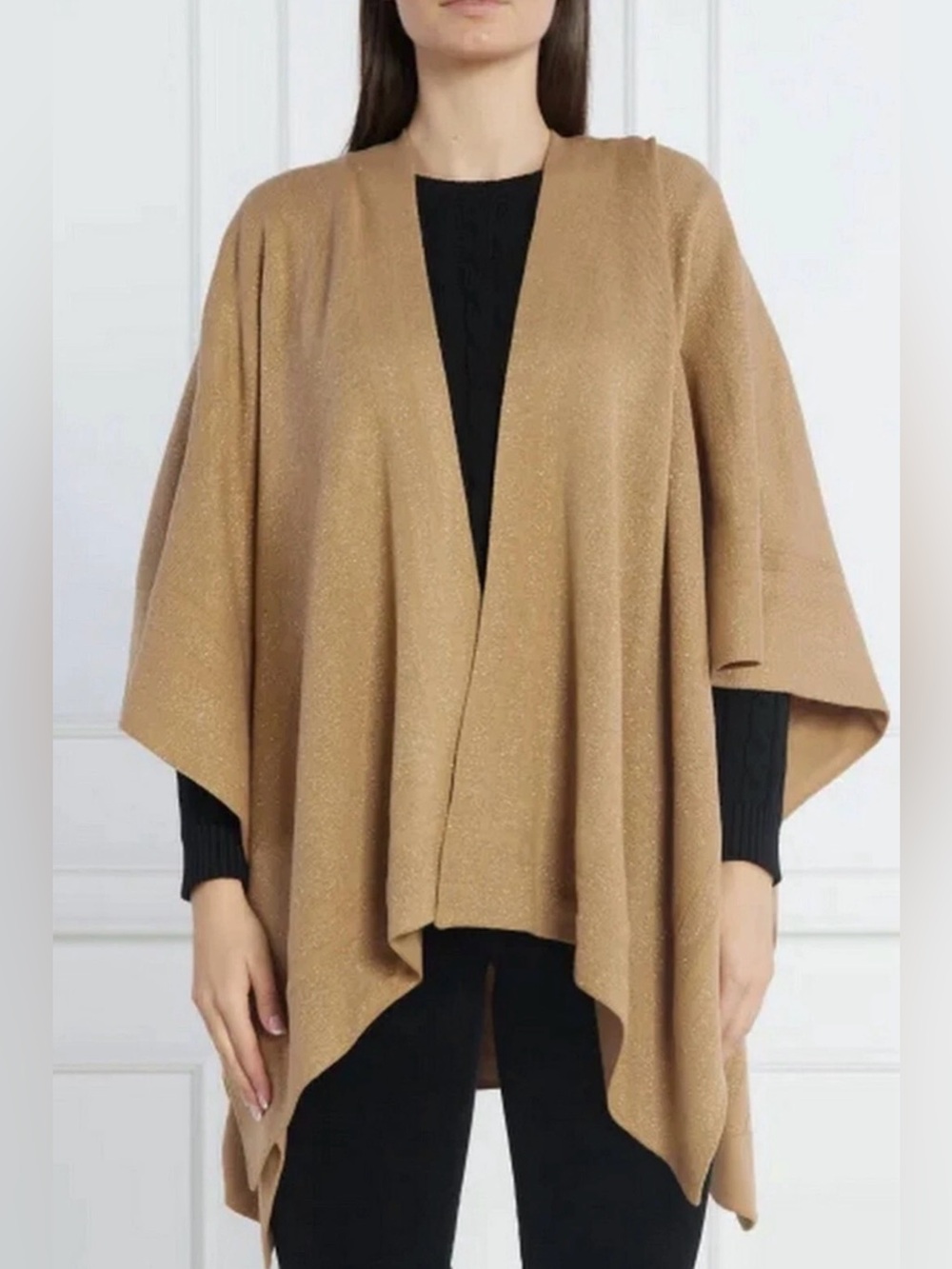 Lauren Ralph Lauren Jet Set Sparkle Knit Ruana Wrap Cape Sweater Camel/Gold OS